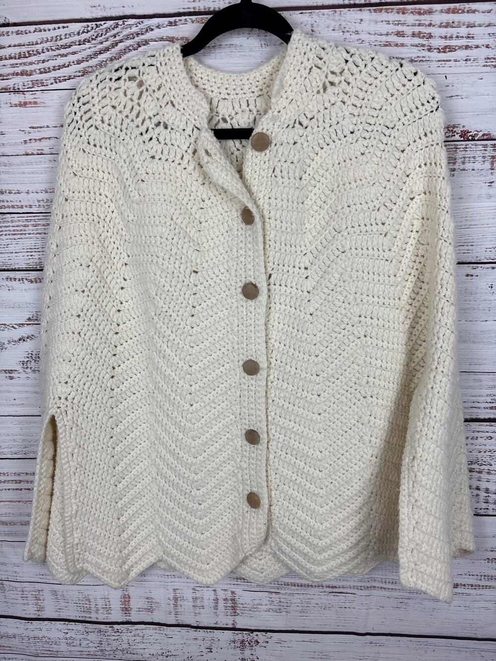 Vtg Cream Chunky Crochet Hand Knit ButtonUp Sweater Cape Cottage Granny Womens L